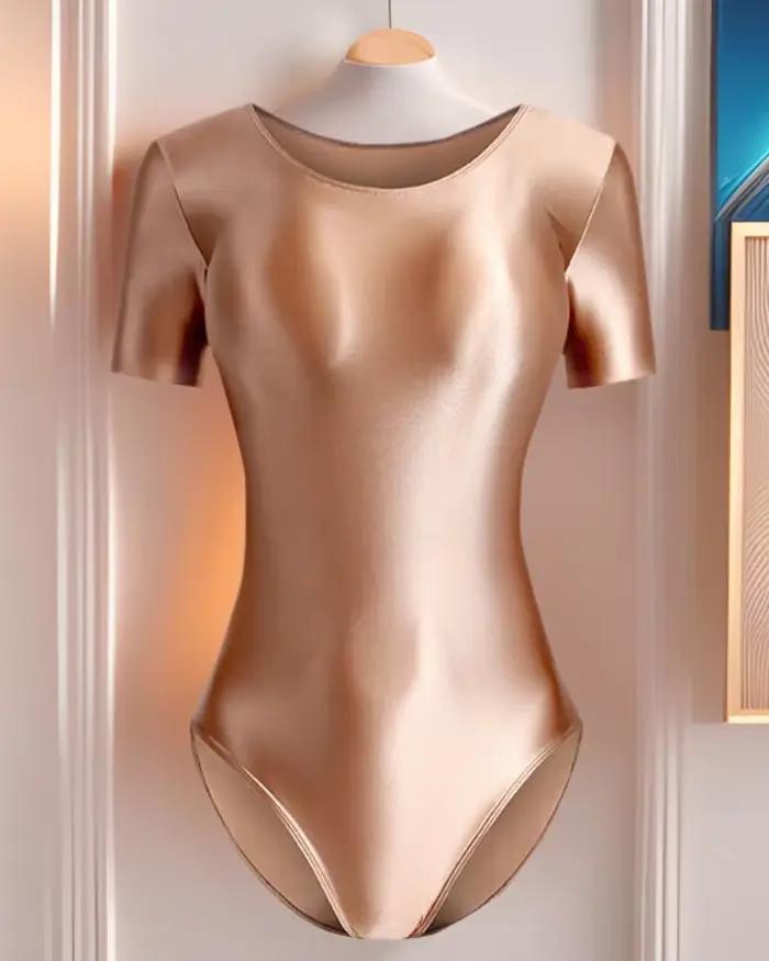 Combinaison pour femme, brillante, couleur unie, t-shirt, maillot de bain, vêtements de sport, justaucorps, collants en satin sexy