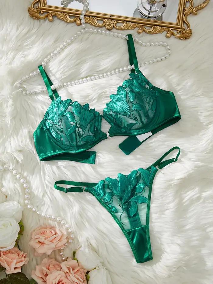 Ensemble de Lingerie Sexy brodé de fleurs pour femmes, Bralette transparente à armatures, soutien-gorge Push Up, culotte, ensemble de 2 pièces
