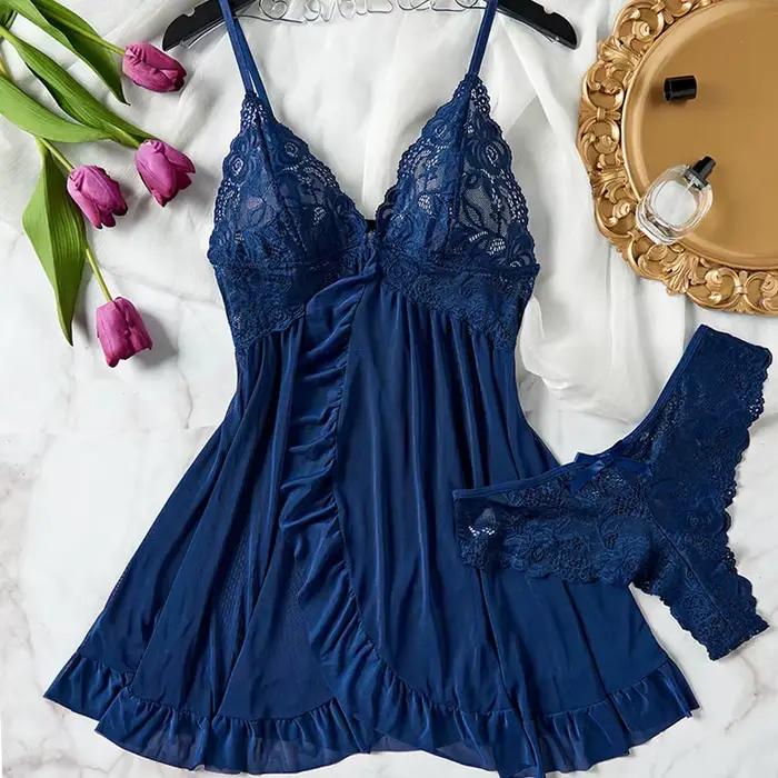 Chemise de nuit en Tulle bleu pour femmes, bretelles en dentelle, col en v, Lingerie, sous-vêtements, Mini robe transparente, ensemble string, chemises de nuit