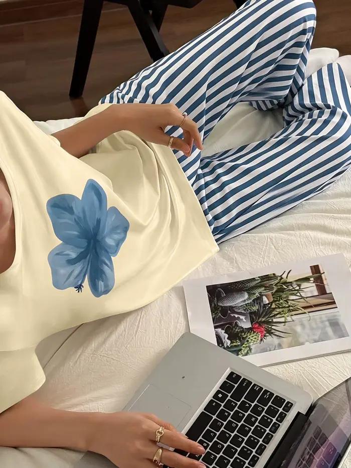 Ensemble de pyjamas pour femmes printemps/été en 2 pièces, confortable et élégant, pyjama à imprimé floral élégant pour la Saint-Valentin