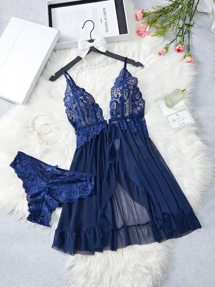 Ensemble de lingerie transparente bleue pour femmes, sous-vêtements, vêtements de nuit, robe de nuit en dentelle et culotte, pyjama, nuisette féminine