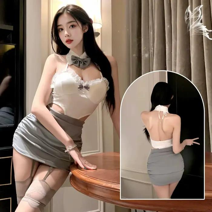 Nouvelle Tendance, Lingerie Femme Sexy, Style Pure Séduction, Nœud en Dentelle, Col Halter, Col Revers, Dos Nu Ajouré, Coupe Ajustée