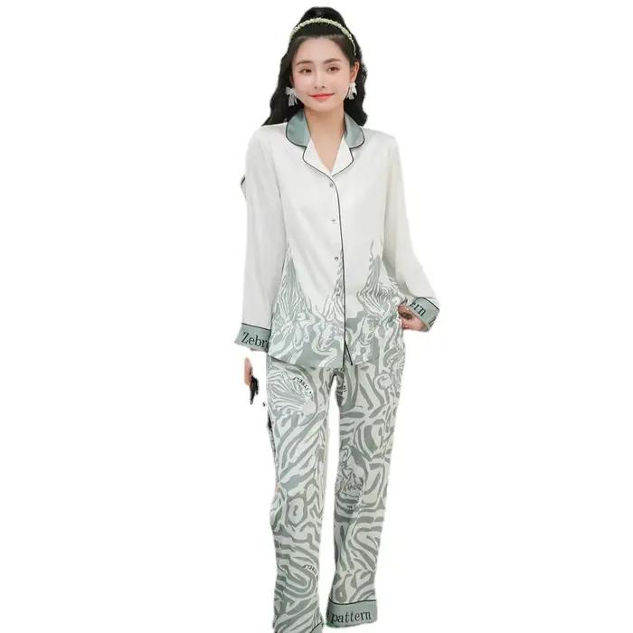 Pyjama élégant en soie glacée pour femmes, ensemble 2 pièces imprimé zèbre, mode, manches longues, pantalon, vêtements de nuit, vêtements de maison, printemps automne 2026