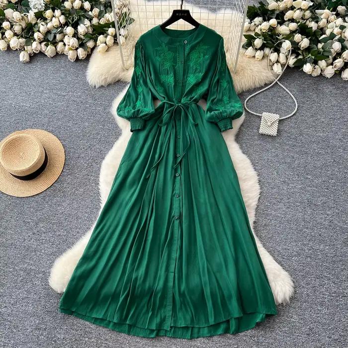 Elegantné vintage vyšívané gombíkové šaty do A-liniek Štýlové ležérne plážové prázdninové letné