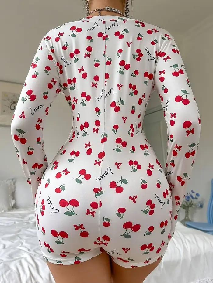 Combinaison de nuit d'été sexy pour femme, pyjama décontracté imprimé cerises, col en V, boutonnage frontal, manches longues, coupe ajustée