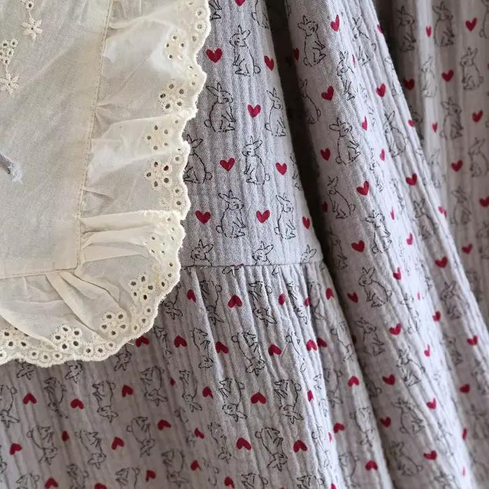 Princesse Cottagecore pyjama ensemble femmes Vintage dentelle col vêtements de nuit mignon coeur imprimé crêpe coton vêtements de détente 2 pièces coton doux