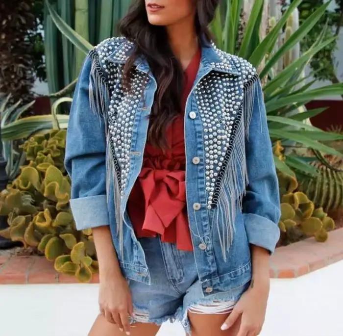TEELYNN Boho čierna Denim bunda pre ženy kabát s dlhým rukávom jeseň voľný strapce Jean bundy 2025 perly nity