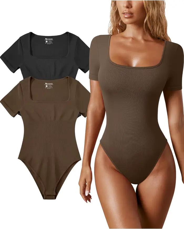 Sexy rebrované body pre ženy s výstrihom do štvorca a krátkymi rukávmi