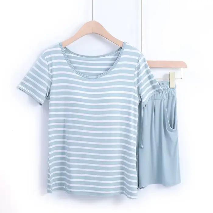 Pyjama rayé Modal pour femmes avec bonnets ensemble deux pièces été Pijama Adulto Feminino vêtements 2025 pyjamas de nuit