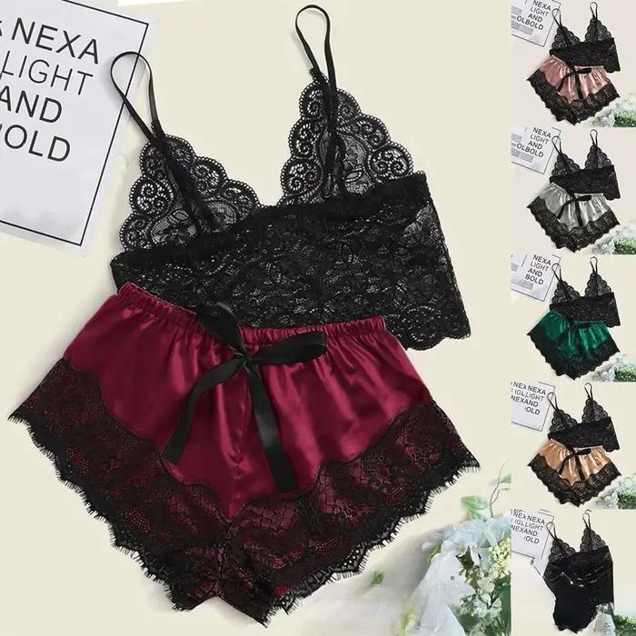 Pyjamas sexy pour femmes 2 pièces haut short ensemble vêtements de nuit vêtements dentelle pyjamas sous-vêtements lingerie