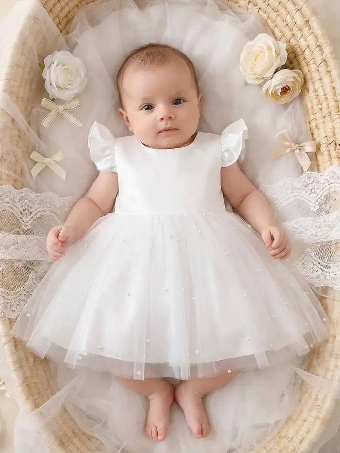 Robe blanche pour demoiselle d'honneur, robe de fête en tulle à volants avec nœud papillon, cadeau pour le premier anniversaire d'une fille, banquet