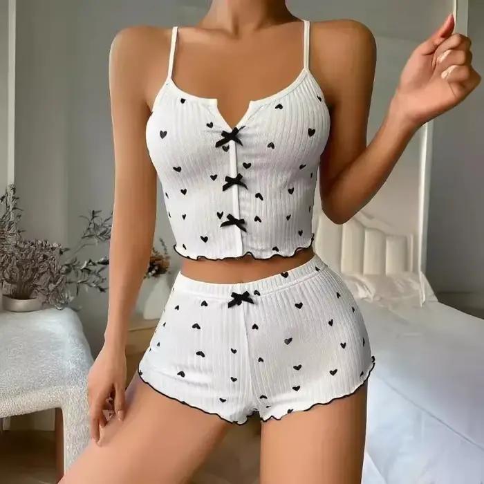 Ensemble pyjama imprimé cœur pour femme, tissu côtelé doux avec bordure à volants, haut décontracté et short, vêtements de nuit et de détente