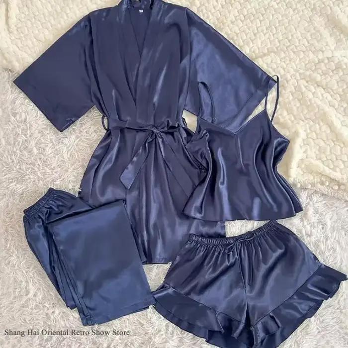 Femmes Pyjamas 4 pièces ensemble printemps été nouveaux vêtements de nuit vêtements de détente Sexy peignoir robe jarretelle Pijamas costume soyeux Satin maison vêtements