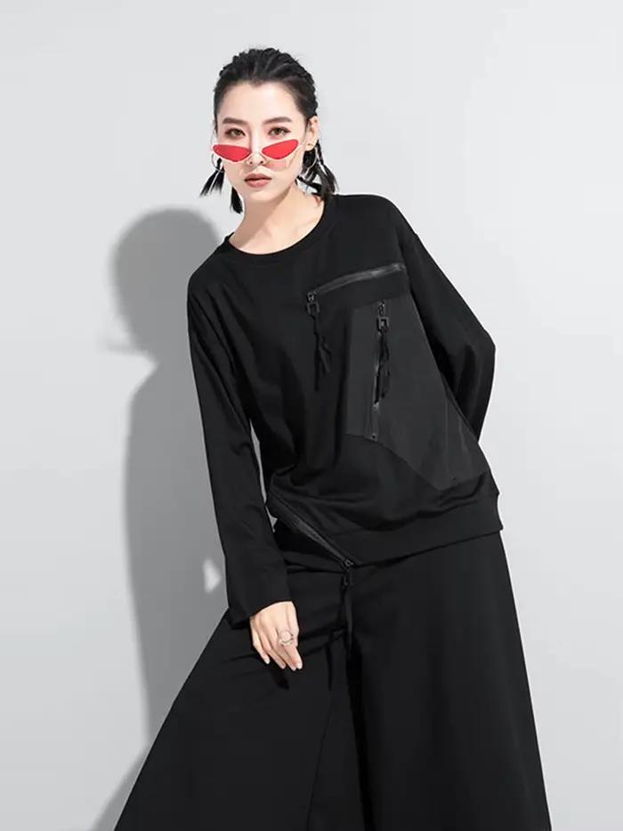 Amax luluE Európsky dizajnér čierne tričko pre ženy voľný punk štýl neformálne vintage luxusné streetwear