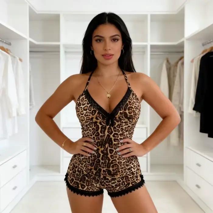 Ensemble de lingerie sexy à imprimé léopard avec dentelle, haut et short sans manches 2 pièces, vêtements de nuit doux pour femmes, vêtements de détente à la maison