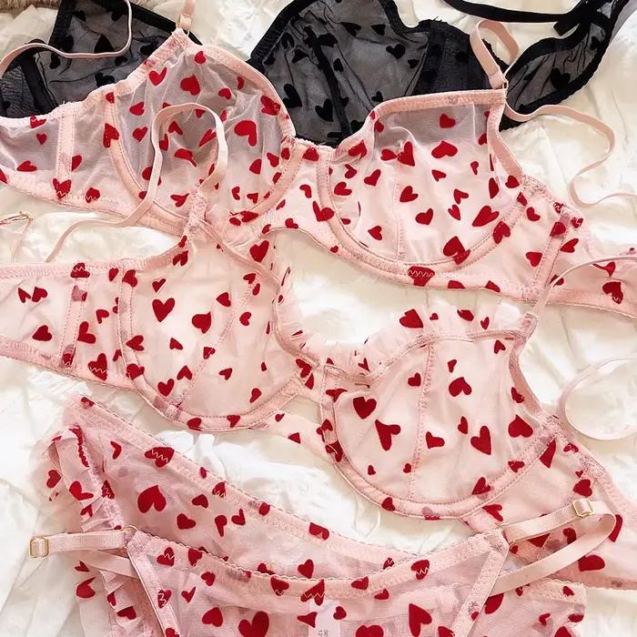 Ensemble de lingerie sexy ultra mince pour femme, soutien-gorge respirant, soutien-gorge push-up, maille, romantique, pêche, coeur, intimes, été, 2 pièces