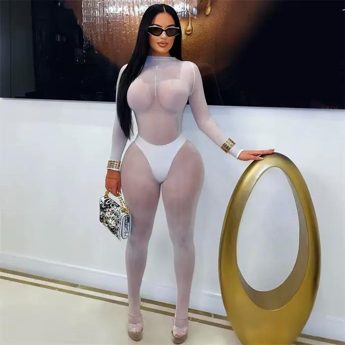Doyerl sieťovaná priesvitná čierna kombinéza pre ženy Sexy Rave večierok jednodielny Club body na párty štíhla obtiahnutá salopeta Catsuit
