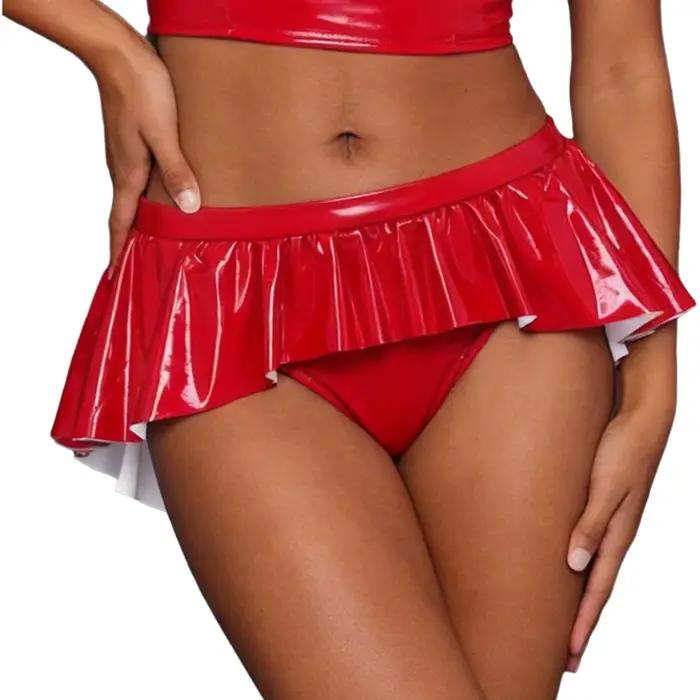 Culottes micro en similicuir PU effet mouillé pour femme, taille basse, à volants irréguliers, sous-vêtements brillants, lingerie de nuit, costume de rave