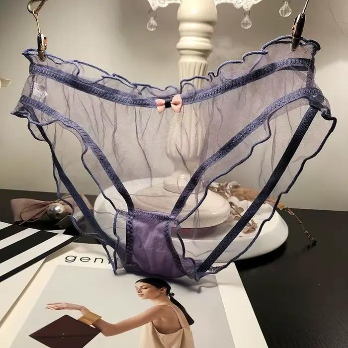Ženy Sexy priesvitné ružové nohavičky s mašľou bavlnený klin slipy žena sieťovaná spodná bielizeň priedušná vlnitý okraj duté tangá