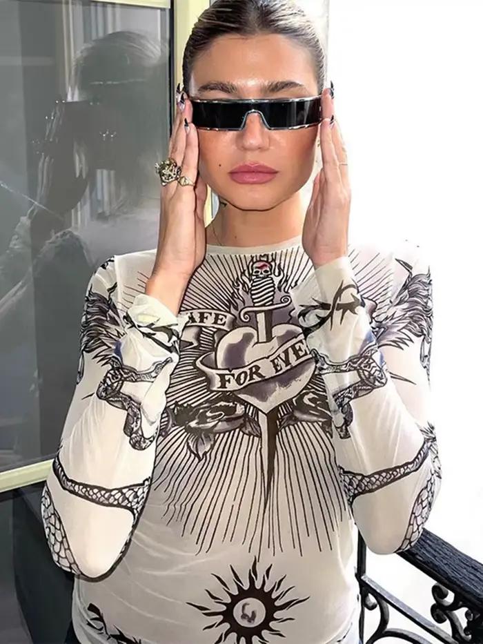 Y2k Estetické Punk Oblečenie Grafické Tričká Ženy Gotická Móda Dlhé Rukávy Žena Tričko Priesvitné Streetwear Egirl Vrch