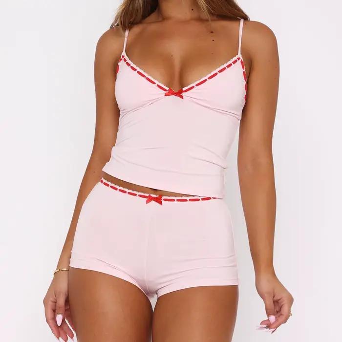 Ensemble pyjama 2 pièces pour femme, tenue de détente avec nœud décoratif, débardeur sans manches à col en V et short, vêtements de nuit et d'intérieur