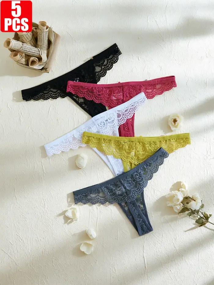 Lot de 5 culottes en dentelle pour femmes, élégantes et confortables, taille basse, strings sexy de couleur unie