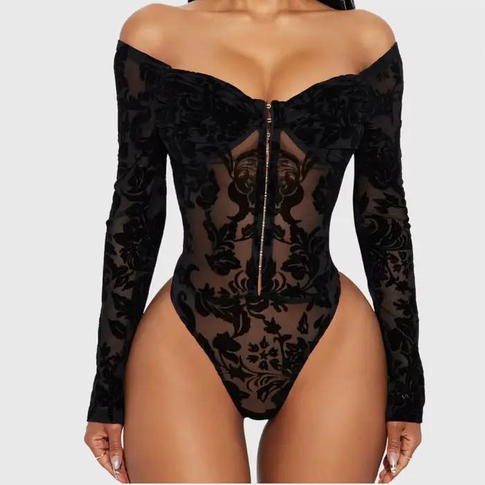 Ellolace Lingerie Sexy Femme Ultra Hot, Body Sensuel à Manches Longues et Épaules Dénudées, Entrejambe Ouvert, Fermeture Avant, Tenues Séduisantes pour Femmes