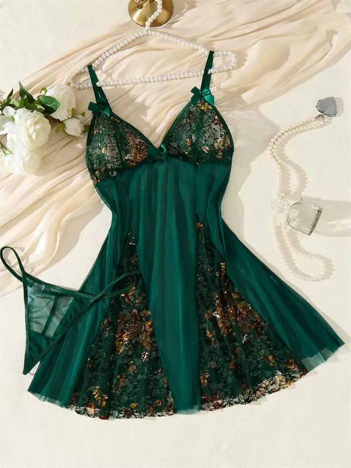 Pyjama pour femmes, vert foncé, en maille, vêtements de nuit, dentelle, nœud, robe de nuit, col en V, bretelles spaghetti, sans manches, mini robe de nuit