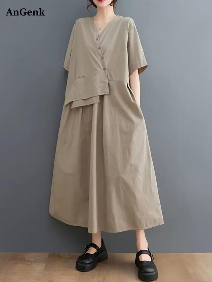 Dlhé ležérne kaki vintage patchwork šaty s krátkymi rukávmi pre ženy