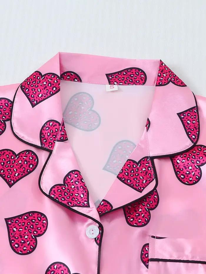[Saint valentin] Pyjama 2 pièces en satin avec imprimé cœur, short à manches courtes, pyjama pour femme, ensemble de vêtements de détente adapté à un usage domestique