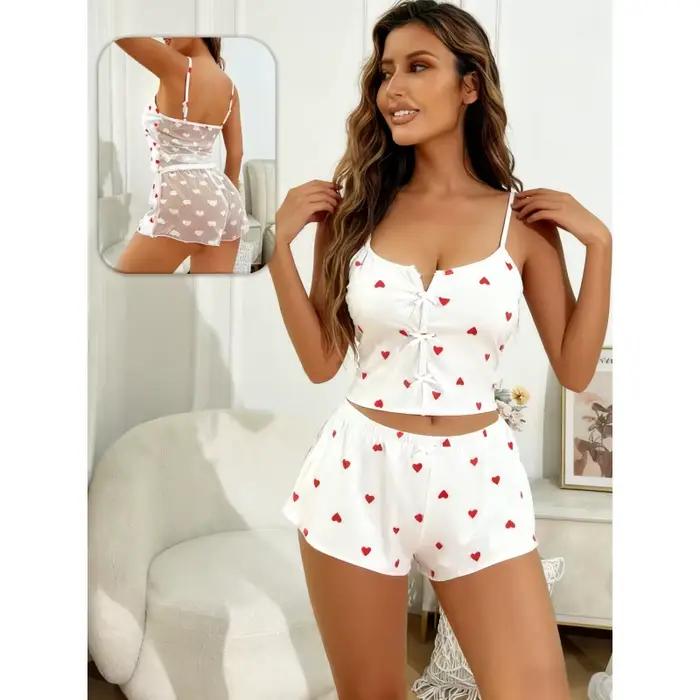 Nuisette féminine imprimée de coeurs courte sexy et confortable pour la saison estivale occasions romantiques et nuit de repos détendue