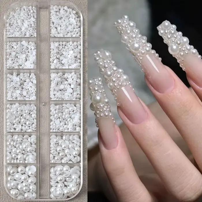 Perles pour ongles semi-rondes et rondes blanches en nacre pour la décoration d'ongles artisanat semi-rondes et rondes 12 grilles
