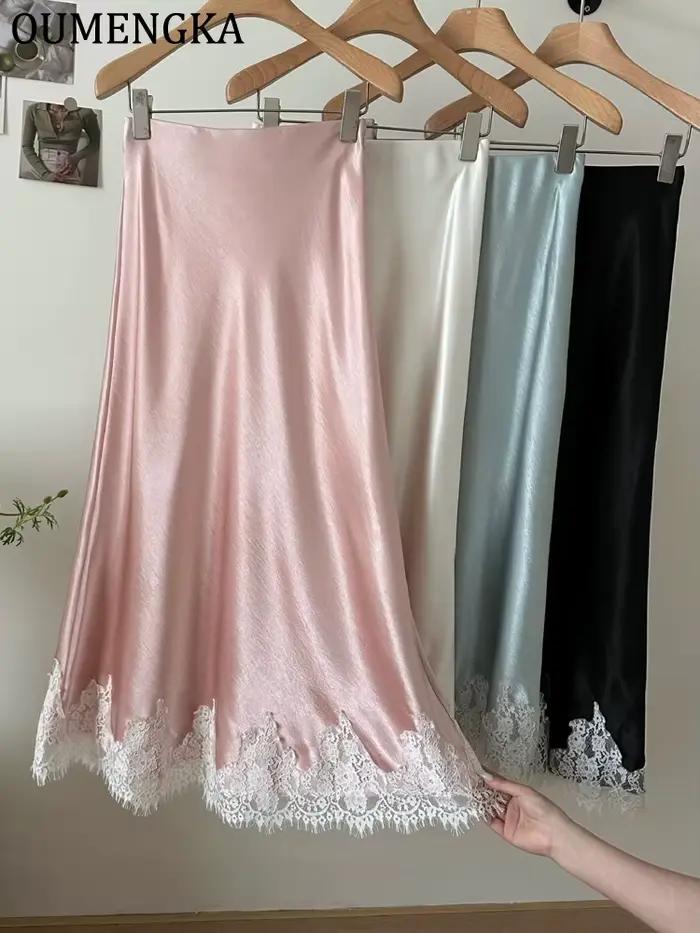 OUMENGKA Letná francúzska elegantná saténová morská panna sukňa pre ženy čipka patchwork elastický pás dlhá a-línia sukne módne dámy
