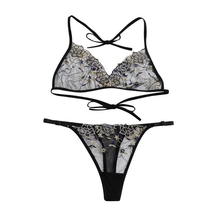 Francúzsky sexy čipkovaný erotický set z vyšívanej sieťoviny 2-dielna lingerie pre ženy s odhaleným výstrihom podprsenka a tangá