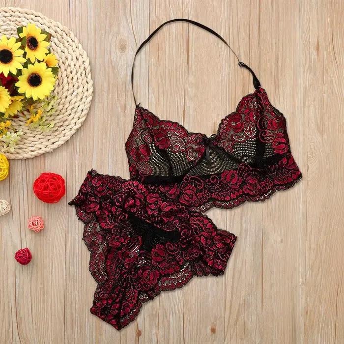 Femmes Sexy Lingerie deux pièces dentelle trois points gros seins sous-vêtements nœud papillon dentelle florale fantaisie porno soutien-gorge bref ensemble Porno Ropa