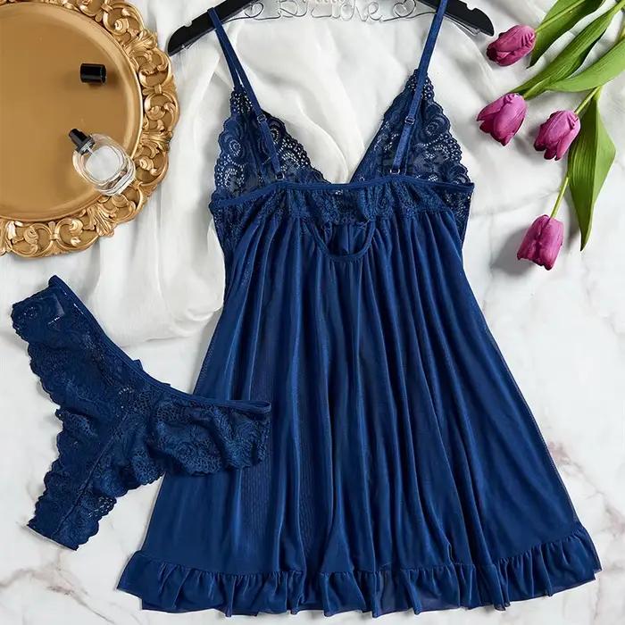 Chemise de nuit en Tulle bleu pour femmes, bretelles en dentelle, col en v, Lingerie, sous-vêtements, Mini robe transparente, ensemble string, chemises de nuit