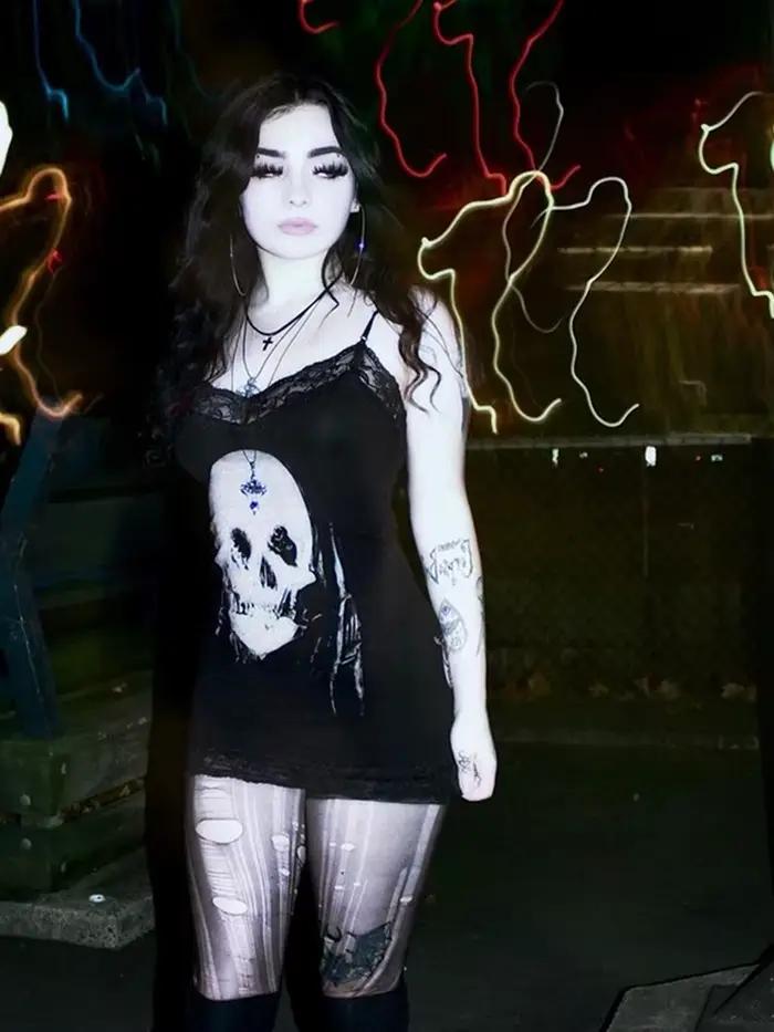 Cyber Punk gotické šaty pre ženy Streetwear Harajuku potlač lebky bez rukávov vysoký pás priliehavé