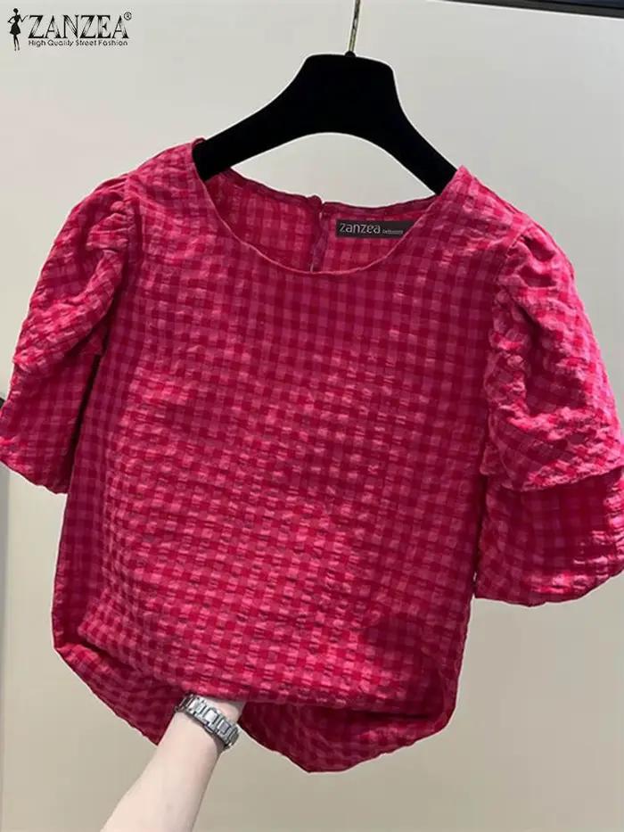 Chemisier en polyester et coton avec motif vichy pour femmes, col rond, manches courtes bouffantes, style décontracté pour printemps été