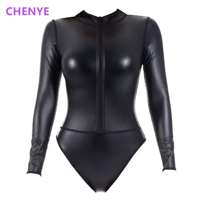 Body Shaper pre ženy Sexy Lingerie Predný Zips Vysoký Golier Dlhé Rukávy Umelá Koža