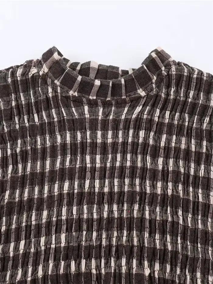 Nlzgmsj 2025 Vintage Chic hnedá kockovaná košeľa pre ženy s dlhým rukávom Blúzka s riasením ležérny elegantný top