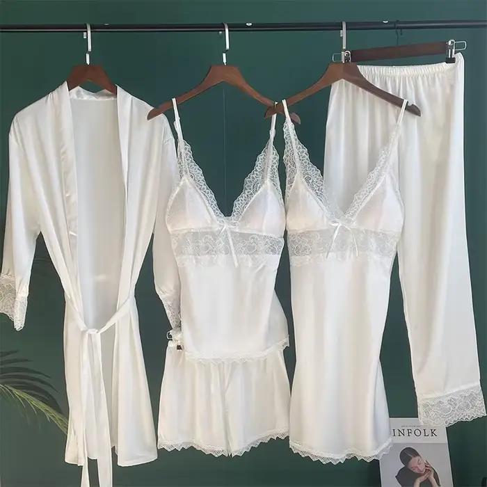 Ensemble de vêtements de nuit en satin blanc, robe de mariée, chemise de nuit sexy, kimono en dentelle, peignoir, vêtements de nuit, robe de maison, vêtements de salon, 5 pièces
