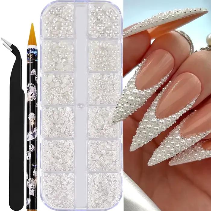 Perles pour ongles semi-rondes et rondes blanches en nacre pour la décoration d'ongles artisanat semi-rondes et rondes 12 grilles