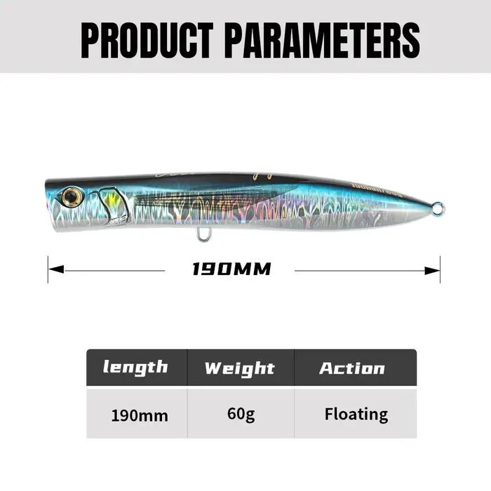 Leurre flottant JIGGING PRO Popper 190mm 60g Holographique pour la pêche en eau salée en surface pour thon GT