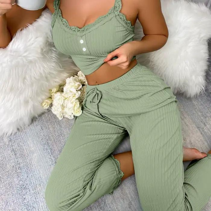 Femmes pyjamas décontractés Sexy sans manches dentelle garni solide à bretelles Camisole avec pantalon Homewear femme vêtements amples ensemble vêtements de nuit