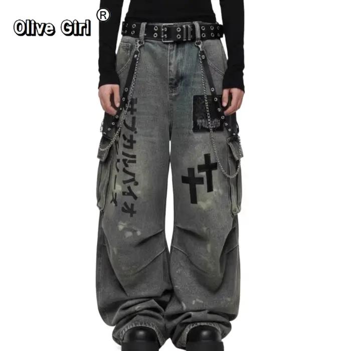 Veľká veľkosť lebka kríž dámske džínsy Denim nohavice americké retro atmosféra široké