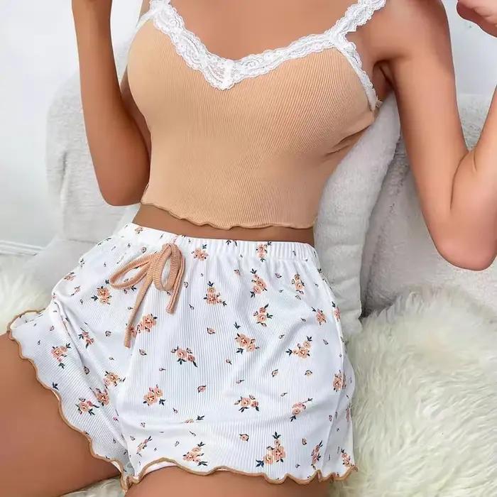 Femmes pyjama ensemble dentelle Patchwork col en v vêtements de nuit Sexy femme nuisettes costume Cami haut imprimé Shorts doux Pyjamas vêtements de détente 2psc