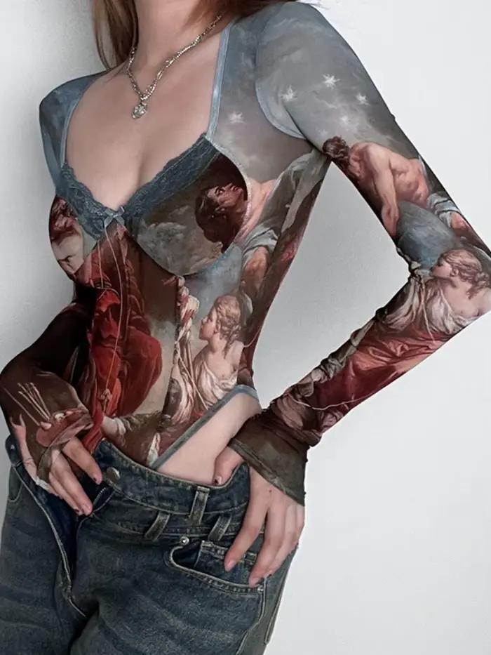 Body Sexy imprimé Vintage, Lingerie transparente en gaze, Lenceria Tranparente, manches longues, col carré, haut Bustier
