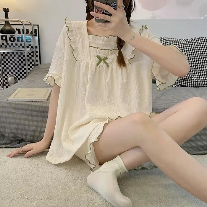 Pyjama d'été pour femmes : léger, manches courtes, couleur unie, respirant, minimaliste, grande taille, ensemble de vêtements de détente en tissu bulle