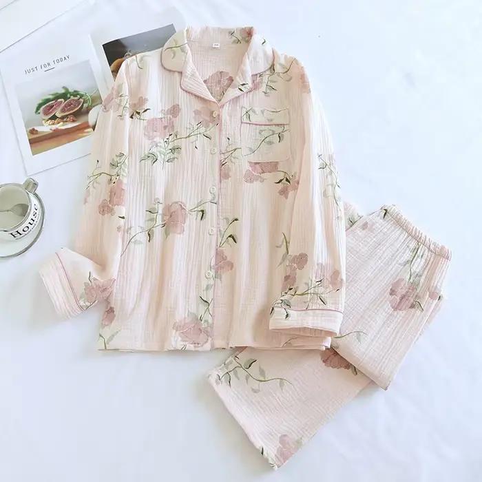 Pyjama 100% Coton à Manches sulfpour Femme, Pantalon, Service à Domicile, Vêtements de Nuit, Automne et Hiver
