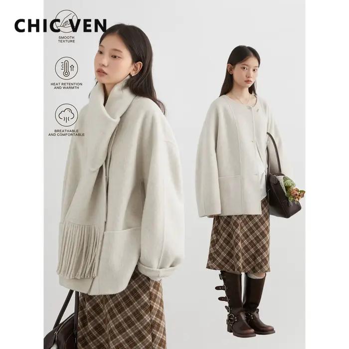 Lâche en laine et polyester Chic Ven pour femmes, style bureau-dame, automne-hiver, col rond, boutonnage simple, pompons装饰去掉最后的装饰部分，并确保HTML格式正确。
